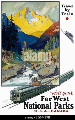 Travel by train. Visit your Far West National Parks. Artist unknown. Restored vintage poster published in 1934 in the USA. Stock Photo