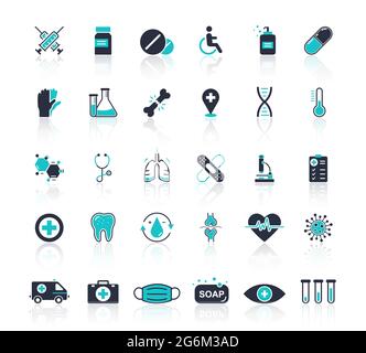 Thin line icons set of hospitals and medical care. Flat design of medicine, pharmacology, oncology, blood, medical ethics with elements for mobile con Stock Vector