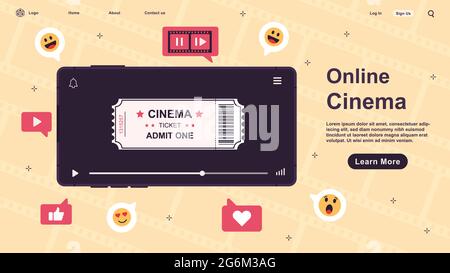 Online cinema poster vector. Flat design vector illustration of online cinema ticket ordering concept. Watch video, clip, movie via smartphone. Good f Stock Vector