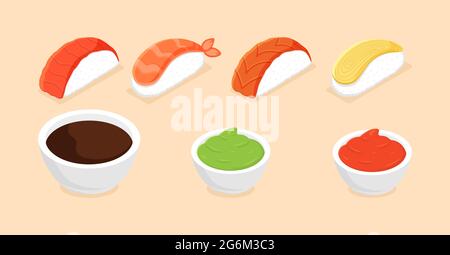 Sushi set. Isometric sushi icons on white background. Rolls with caviar of red fish, with salmon. Sushi nigiri with shrimp.Traditional japanese food. Stock Vector