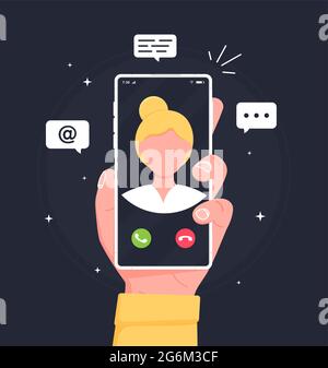 Man hold smartphone using video calling with friend. Call the service. Isolated concept close up hands with modern device, app technology for communic Stock Vector