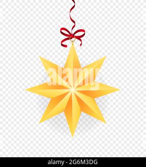 Realistic golden Christmas star. Gold star Christmas decoration on a hanger for the tree over a pastel background, colored. Vector illustration. Stock Vector