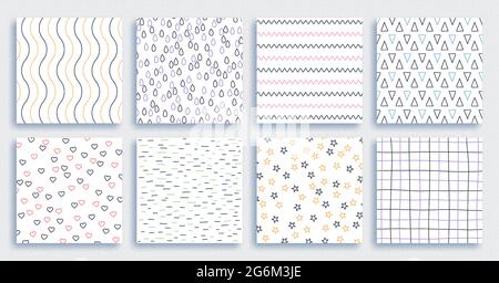 Abstract hand drawn geometric simple minimalist seamless patterns set. Striped chevron and dot ornaments. Vector wallpaper or fabric print from brush Stock Vector
