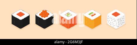 Sushi set. Isometric sushi icons on white background. Rolls with caviar of red fish, with salmon. Sushi nigiri with shrimp.Traditional japanese food. Stock Vector