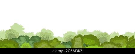 Dense thickets of bushes and tops of forest trees. Seamless. Summer green landscape with lush foliage. Trees can be seen in the distance. Seamless Stock Vector