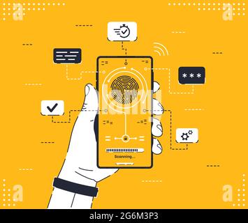 Fingerprint scanning to mobile phone. Human hand holding gadget with biometric scanning technology. Concept of under screen fingerprint scan to unlock Stock Vector