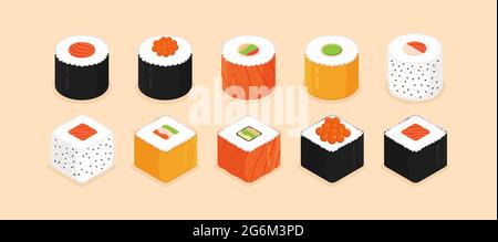 Sushi roll set. Isometric sushi icons on apricot background. Traditional japanese food. Flat style vector illustration. Stock Vector
