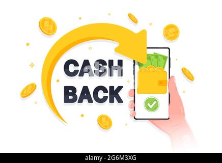 Arrow returned gold coins and cash back iscription on smartphone screen. Cashback loyalty program concept. Saving money. Refund money service app. Vec Stock Vector