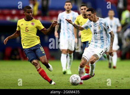 BRASILIA, BRAZIL - JULY 06: Angel Di Maria of Argentina competes for the ball with Wilmar Barrios of Colombia ,during the Semifinal match between Argentina and Colombia as part of Conmebol Copa America Brazil 2021 at Mane Garrincha Stadium on July 6, 2021 in Brasilia, Brazil. (MB Media) Stock Photo
