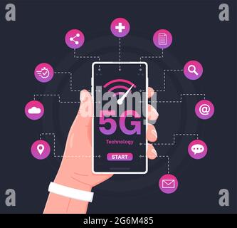 Man holding a phone with 5G network wireless systems, High-speed mobile Internet concept. Mobile internet symbol. Big letters 5G on screen mobile and Stock Vector