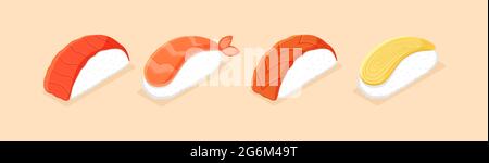 Sushi set. Isometric sushi icons on white background. Rolls with caviar of red fish, with salmon. Sushi nigiri with shrimp.Traditional japanese food. Stock Vector