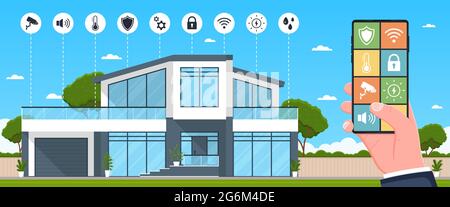 Modern house automation concept. Smart house system control and mobile app on a phone, contemporary house with icons set on the background. Vector fla Stock Vector