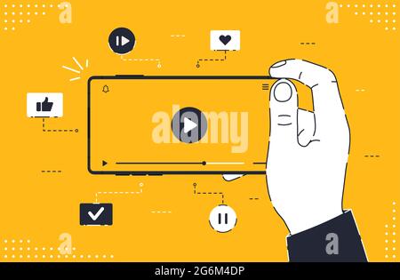 Modern frameless smartphone with video player on screen. Mobile streaming, cinema, movies, education, live podcast, mobile video, TV concept banner. V Stock Vector
