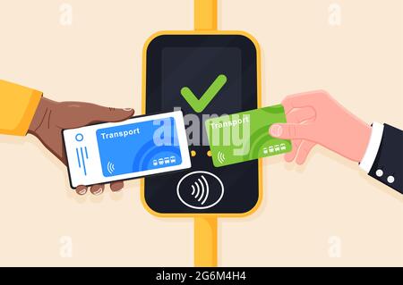 Hand holding transport card and phone near terminal. Airport, metro or bus and subway ticket terminal validator. Wireless, contactless or cashless pay Stock Vector