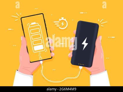 Charging the device. Human hand holding smartphone charging connect to power bank, conceptual. Flat style vector illustration. Stock Vector