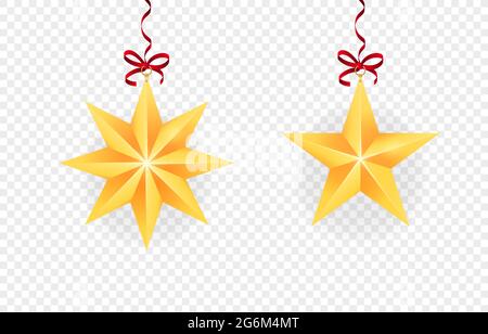 A set of shiny golden Christmas tree toys in the form of a star. Realistic golden Christmas star. Gold star Christmas decoration on a hanger for the t Stock Vector