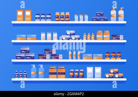 Shelves with medicines. Medication pills capsules bottles of vitamins and tablets. Objects for a pharmacy interior. Vector flat style illustration. Stock Vector