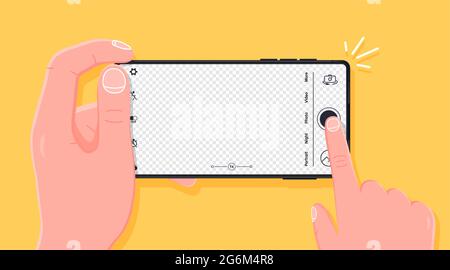 Taking photo with smartphone. Person taking a photograph with a smart phone camera from a first-person perspective. Pressing camera button, transparen Stock Vector