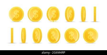 Gold coins in different positions. Set of rotating gold coins. Golden money set. Golden shiny cash coin, jackpot coin dollar, gold treasure prize, gol Stock Vector