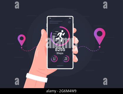 Pedometer concept.Fitness tracking app on mobile phone screen illustration flat cartoon style, smartphone with run tracker, running or walk steps coun Stock Vector