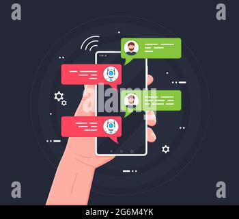 Flat linear illustration in green colors chatbot concept virtual assistant AI and online support. Android assistant and automatic customer service bot Stock Vector