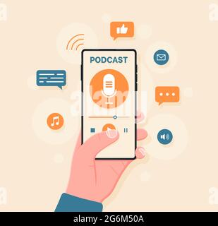 Online podcasting show, radio. Hand holding a smartphone with an application for listening to podcasts on the screen. Flat style vector illustration. Stock Vector