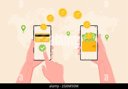 Transfer of mobile payment across the planet. People who send and receive money wirelessly using their mobile phones. Hand holding smartphones with pa Stock Vector