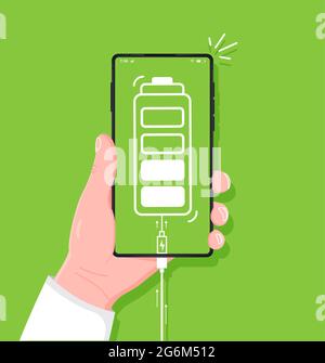 Low battery life of mobile phone. Battery icon on green background smartphone. Illustration premium quality isolated on green background. Vector illus Stock Vector