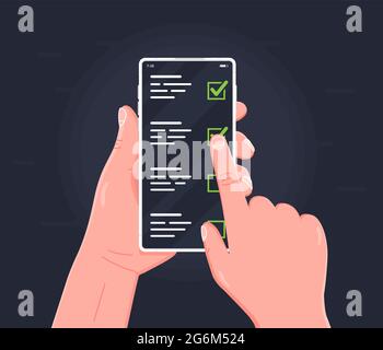 Checklist on smartphone display, checkboxes with check mark. Flat outline mobile vector design, premium quality trendy icon. List of purchases, tasks, Stock Vector