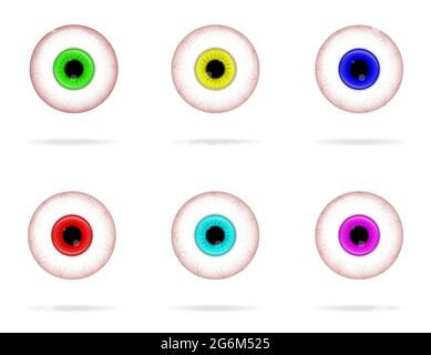 Set of spooky eyes vector illustration. Halloween scary eyeball collection isolated on white background. Decorations for horror parties. Detailed eyeb Stock Vector