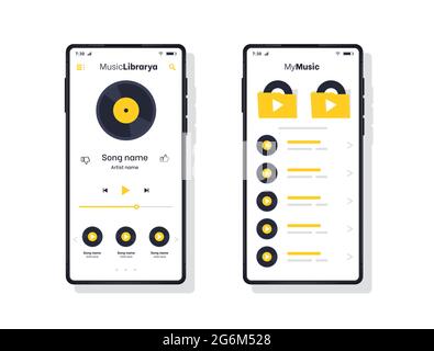 Music Player. Yellow music player and tracks UI, UX, GUI screen for mobile apps design. Modern responsive user interface design of mobile applications Stock Vector