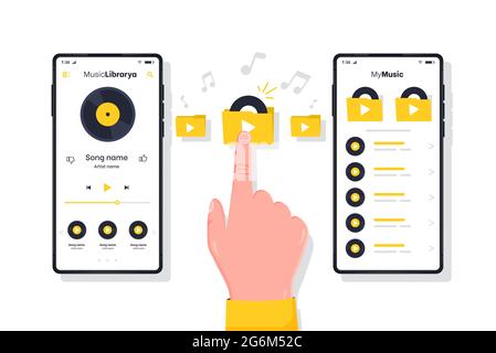 Music Player. Human hand presses play button flat style concept. Mp3 player and smartphone with open music app on screen. Man listening favorite track Stock Vector