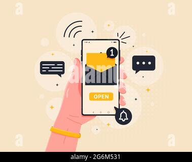 New email notification on mobile phone vector illustration, smartphone screen with new unread email and read envelope icons, inbox concept. Flat style Stock Vector