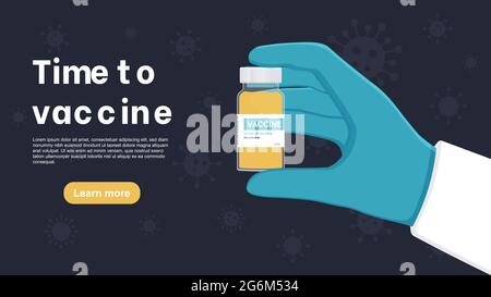 Time to vaccinate concept, doctor hands wearing rubber glove with ampule vaccine bottle for the treatment of influenza virus. Landing page template. M Stock Vector