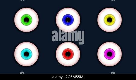 Set of spooky eyes vector illustration. Halloween scary eyeball collection isolated on white background. Decorations for horror parties. Detailed eyeb Stock Vector