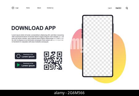 Download page of the mobile app. Background for download app page. Download app concept. mpty screen smartphone for you app. Buttons with scan qr code Stock Vector