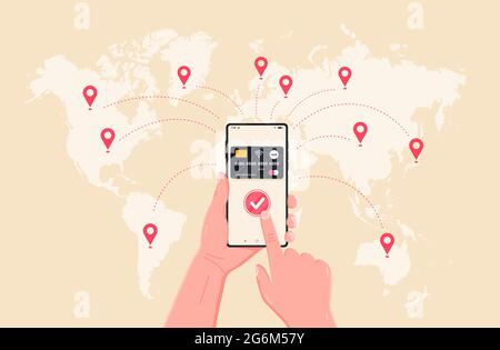 A person uses a smartphone to send money around the world. Worldwide money transactions, business, mobile banking and mobile payments. Vector illustra Stock Vector