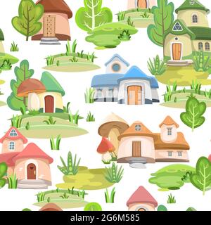 Town of gnomes. Seamless pattern. Isolated. Fabulous landscape with trees. Hills and forest. Flat cartoon style. Cute picture background for children Stock Vector