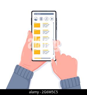 Hand holding modern mobile phone with search of folders and data. Tap a device with different folders and lists. Great for website banners and etc. Fl Stock Vector