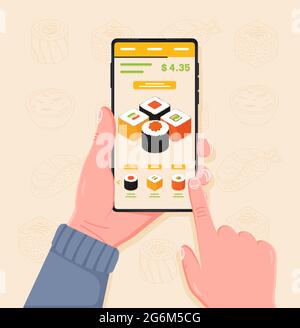 Online ordering sushi. Buying and paying for sushi in application on mobile phone. E-commerce, internet shop and delivery. Traditional japanese food. Stock Vector