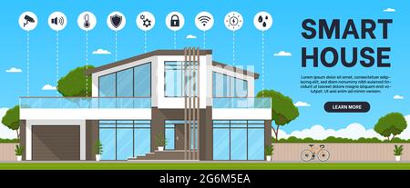 Smart house concept banner. Modern construction and technology, automated house. Mechanisms for managing a smart home security system and electricity, Stock Vector
