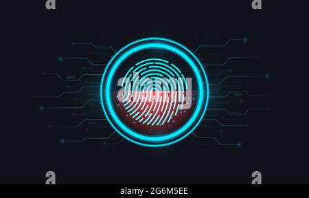 Finger-print scanning. Abstract digital conceptual technology. Login using fingerprint identification with a print inside a circle on an electronic or Stock Vector
