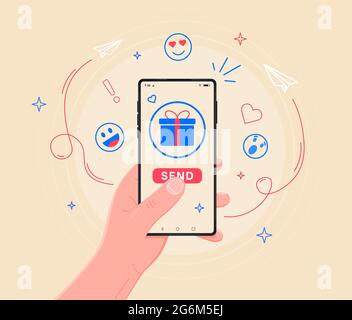 Application gift page on smartphone screen. Hand hold smartphone, touch finger login button. Mobile account. Modern concept for web banners, websites, Stock Vector