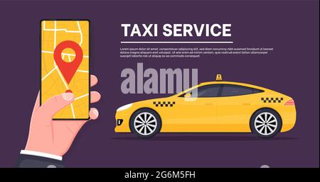 Taxi service concept. Modern taxi call using smartphone and online application.Man booking a car on smartphone with map. Gps route with map navigation Stock Vector