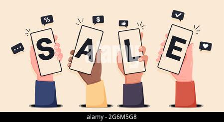 Hands holding smartphones and show SALE. Online shopping with mobile phones. Buy easily things on web shops. With icons for online sales. Marketing im Stock Vector