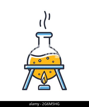 Chemical reaction icon. Flask, test tube is heated above the fire isolated on white background. Design elements, colored. Element for mobile concepts Stock Vector