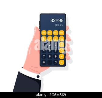 Smartphone with calculator app. Flat design of hand holding phone with calculator app on screen. Vector flat style illustration. Stock Vector