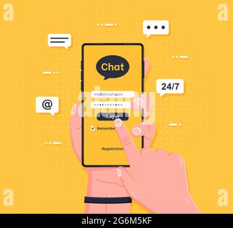 Messenger with filling form vector, yellow start page. Mobile social network for global communication, talk, chatting in internet online application. Stock Vector