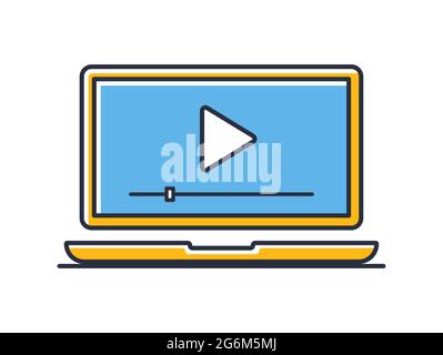 Laptop with play icon. Video viewing isolated on white background. Design elements color. Can be used for mobile concepts and web applications, social Stock Vector