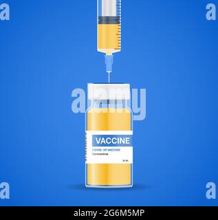 Covid-19 corona virus vaccination with vaccine bottle and syringe injection tool for covid 19 immunization treatment. Creative design for Coronavirus Stock Vector
